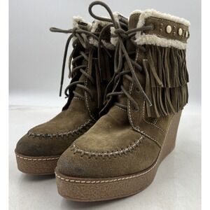 Sam Edelman Boots Womens Sz 10 Kemper Brown Leather Platform 4" Wedge Fringe